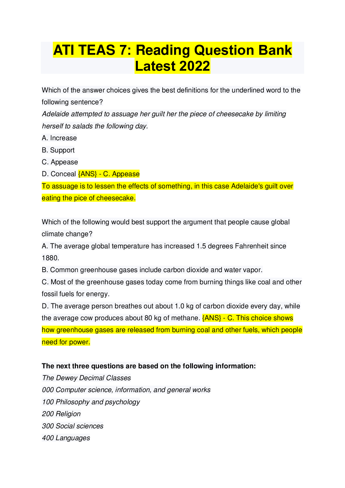 Preview image for ATI TEAS 7: Reading Question Bank Latest 2022